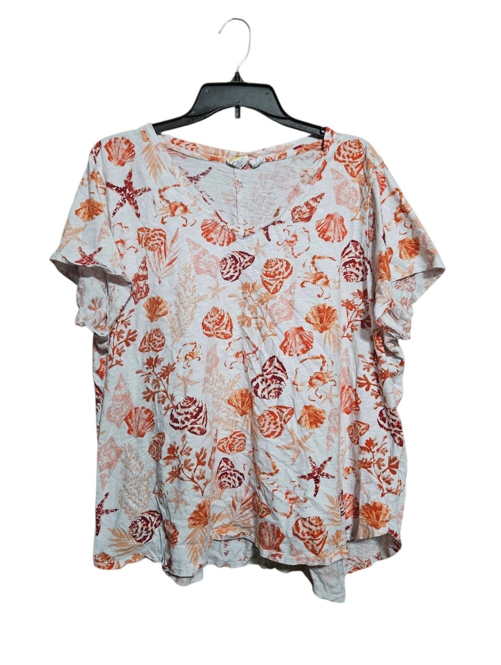 C&C CALIFORNIA Sealife Print V-Neck Short Sleeve 100% Cotton Knit Top 3X!